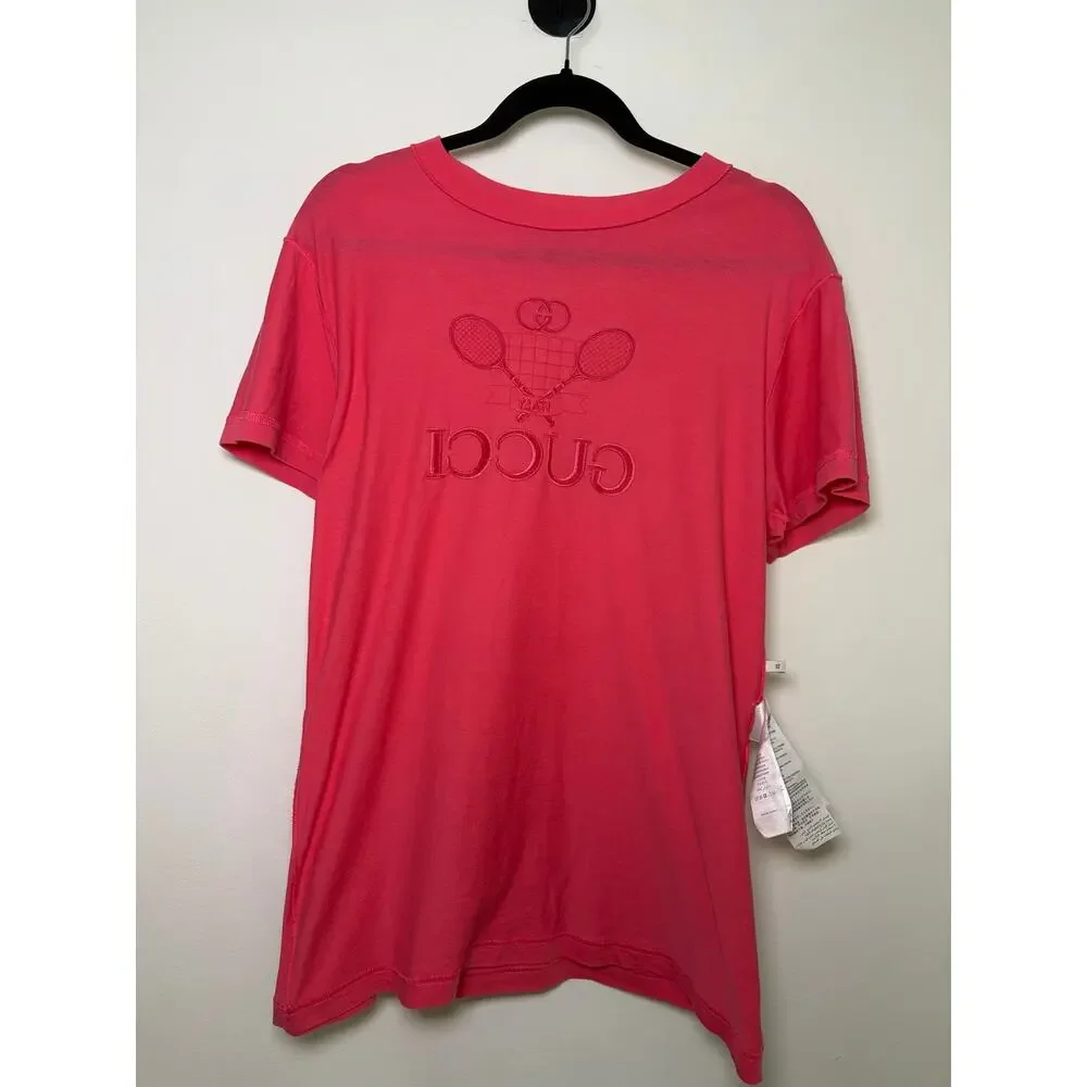 Gucci Pink Tennis Racket Embroidered T-shirt  - Size XS